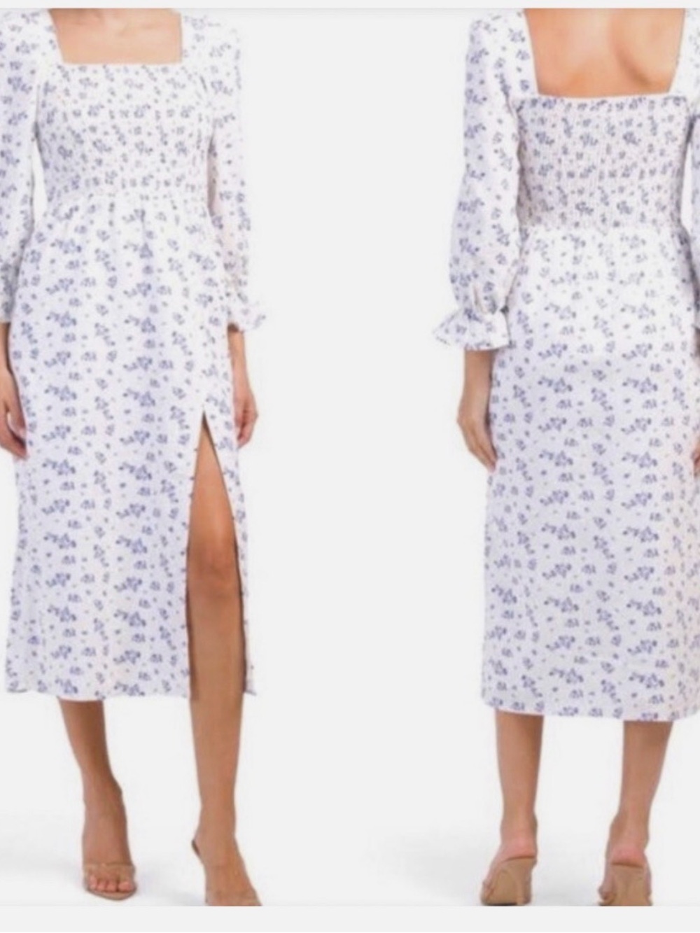 House of Harlow 1960 Linen Smocked Bodice Floral Midi Dress, size M